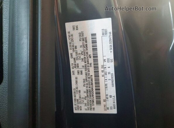 1FMCU9GD8KUB54879 2019 FORD ESCAPE Blue VIN კოდის სტიკერის ხედი