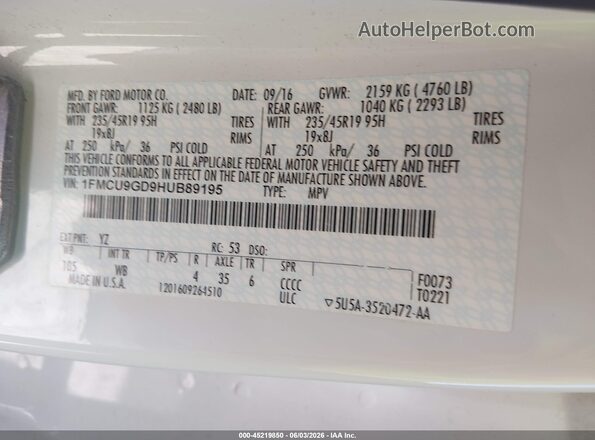 1FMCU9GD9HUB89195 2017 FORD ESCAPE White Вид підкапотного простору