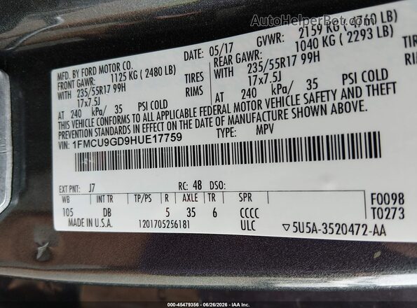 1FMCU9GD9HUE17759 2017 FORD ESCAPE Gray Engine compartment view