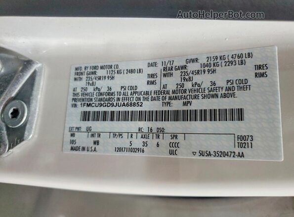 1FMCU9GD9JUA68852 2018 FORD ESCAPE White VIN sticker view