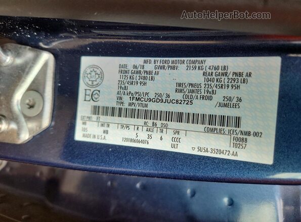 1FMCU9GD9JUC82725 2018 FORD ESCAPE Blue Widok naklejki z numerem VIN