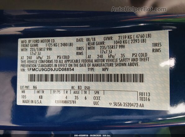 1FMCU9GD9JUD08854 2018 FORD ESCAPE Blue ძრავის განყოფილების ხედი