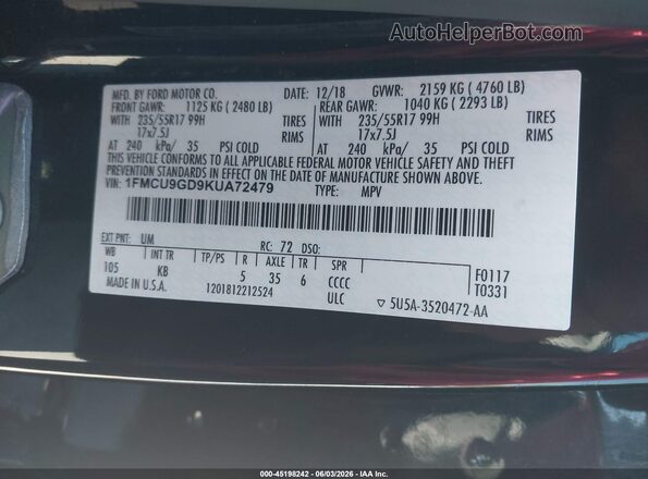 1FMCU9GD9KUA72479 2019 FORD ESCAPE Black Вид підкапотного простору