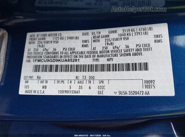 1FMCU9GD9KUA85281 2019 FORD ESCAPE Blue 