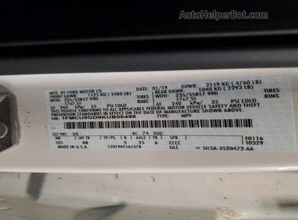 1FMCU9GD9KUB06498 2019 FORD ESCAPE Белый Вид наклейки с VIN-кодом