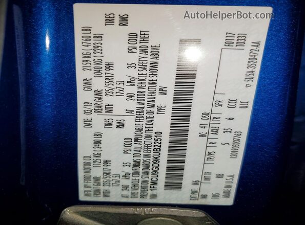 1FMCU9GD9KUB22510 2019 FORD ESCAPE Синий Вид наклейки с VIN-кодом