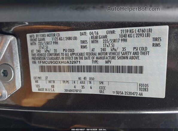 1FMCU9GDXHUA32971 2017 FORD ESCAPE Gray Widok komory silnika