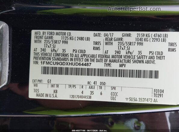 1FMCU9GDXHUD64487 2017 FORD ESCAPE Black Շարժիչի բաժամունքի տեսք