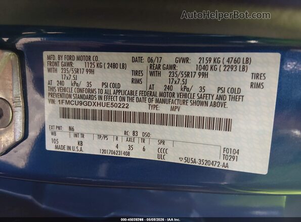 1FMCU9GDXHUE50222 2017 FORD ESCAPE Blue 