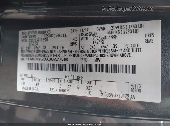 1FMCU9GDXJUA77060 2018 FORD ESCAPE Gray 