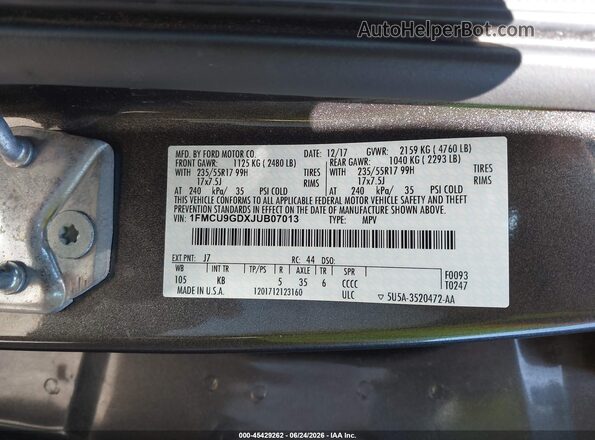 1FMCU9GDXJUB07013 2018 FORD ESCAPE Gray ძრავის განყოფილების ხედი