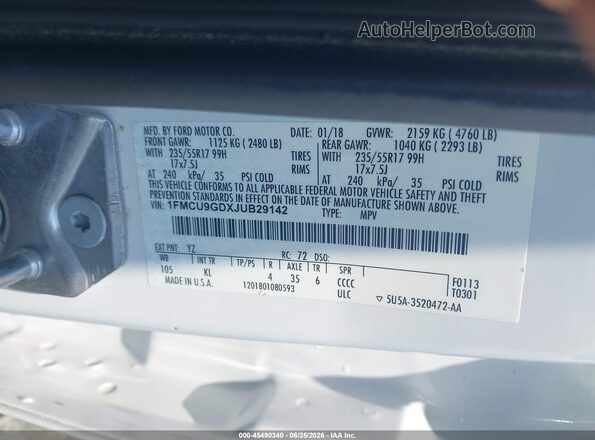 1FMCU9GDXJUB29142 2018 FORD ESCAPE White Widok komory silnika