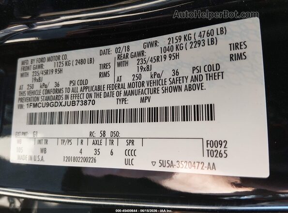 1FMCU9GDXJUB73870 2018 FORD ESCAPE Black 