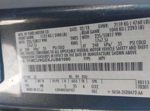 1FMCU9GDXJUB81080 2018 FORD ESCAPE Gray ძრავის განყოფილების ხედი