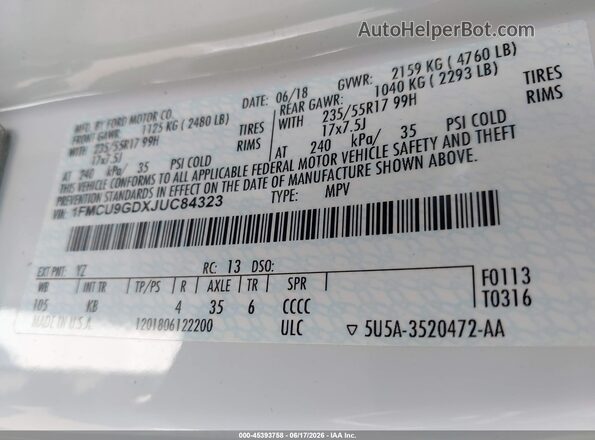 1FMCU9GDXJUC84323 2018 FORD ESCAPE White Engine compartment view