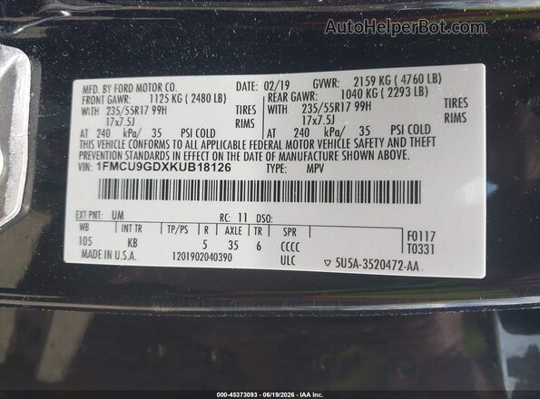 1FMCU9GDXKUB18126 2019 FORD ESCAPE Black ძრავის განყოფილების ხედი