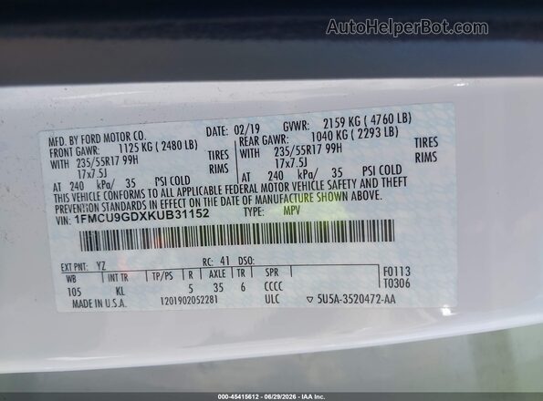 1FMCU9GDXKUB31152 2019 FORD ESCAPE White Շարժիչի բաժամունքի տեսք