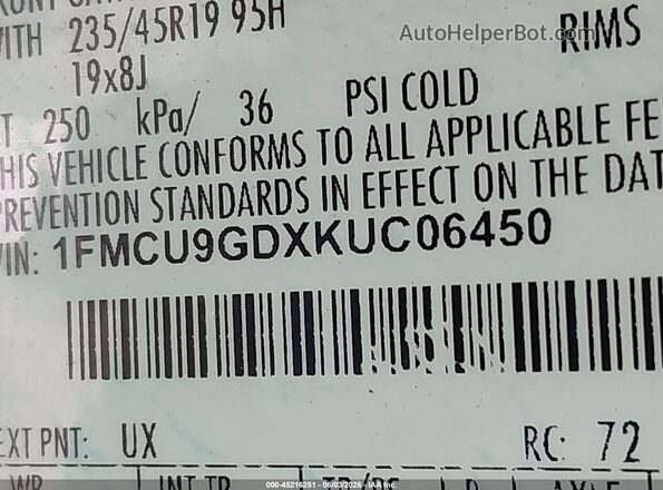 1FMCU9GDXKUC06450 2019 FORD ESCAPE Silver Widok komory silnika