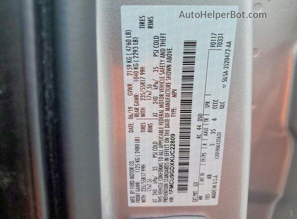 1FMCU9GDXKUC22809 2019 FORD ESCAPE Серебряный Вид наклейки с VIN-кодом
