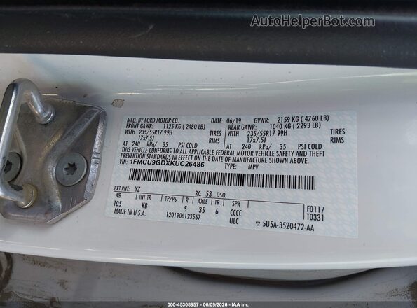 1FMCU9GDXKUC26486 2019 FORD ESCAPE White Vista del compartimento del motor