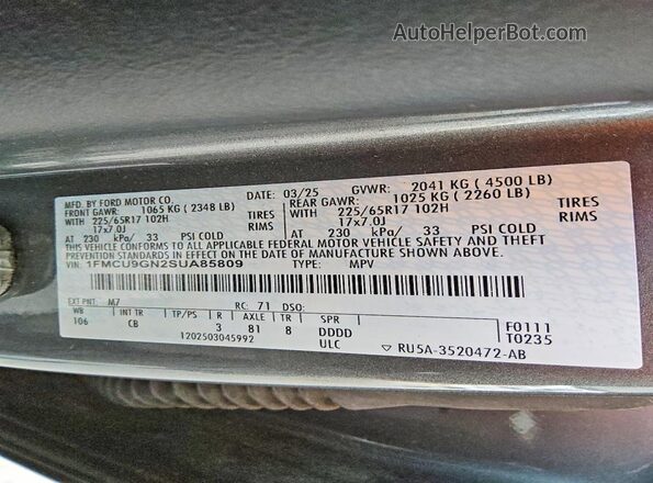 1FMCU9GN2SUA85809 2025 FORD ESCAPE Gray 