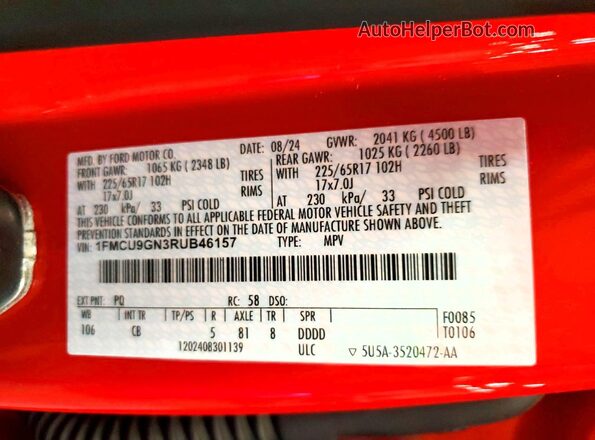 1FMCU9GN3RUB46157 2024 FORD ESCAPE Red Widok naklejki z numerem VIN