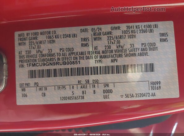 1FMCU9GN9RUB00851 2024 FORD ESCAPE Red Вид підкапотного простору
