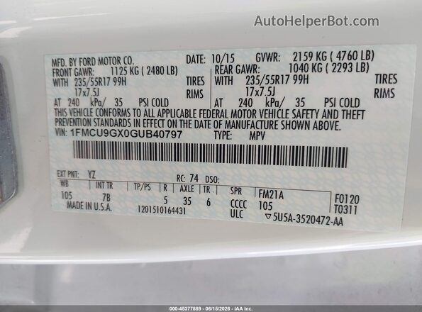1FMCU9GX0GUB40797 2016 FORD ESCAPE White 