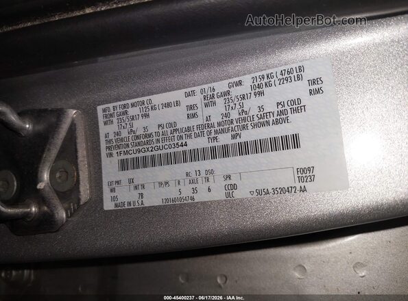 1FMCU9GX2GUC03544 2016 FORD ESCAPE Silver Вид підкапотного простору
