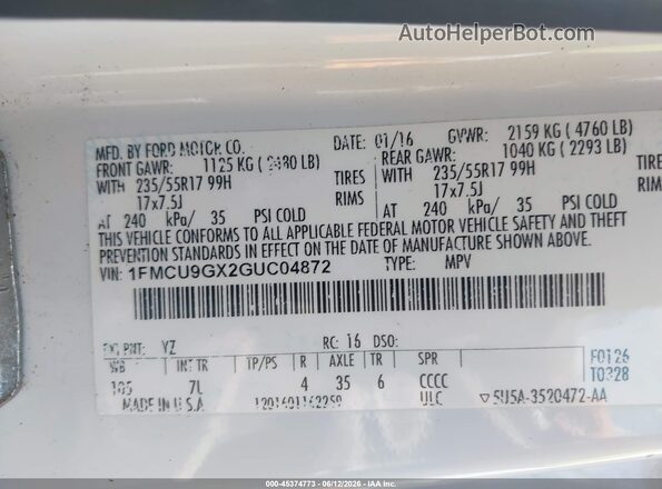 1FMCU9GX2GUC04872 2016 FORD ESCAPE White Շարժիչի բաժամունքի տեսք