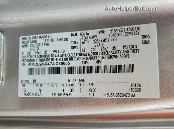1FMCU9GX4GUC89665 2016 FORD ESCAPE Silver 