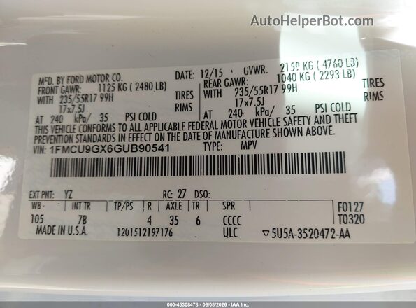 1FMCU9GX6GUB90541 2016 FORD ESCAPE White 