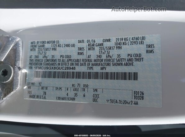 1FMCU9GX8GUC28948 2016 FORD ESCAPE White Շարժիչի բաժամունքի տեսք