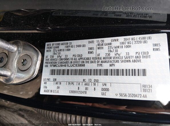 1FMCU9H61LUC53898 2020 FORD ESCAPE Black Շարժիչի բաժամունքի տեսք