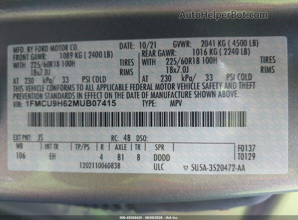 1FMCU9H62MUB07415 2021 FORD ESCAPE Silver ძრავის განყოფილების ხედი