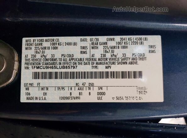 1FMCU9H65LUB85797 2020 FORD ESCAPE Синий Вид подкапотного пространства
