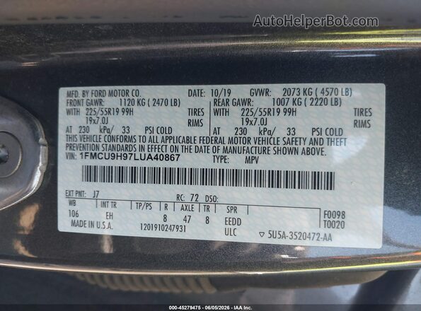 1FMCU9H97LUA40867 2020 FORD ESCAPE Серый Вид подкапотного пространства