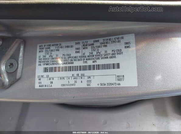 1FMCU9HD0JUA83660 2018 FORD ESCAPE Silver 