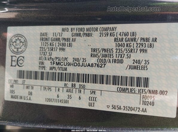 1FMCU9HD0JUA87627 2018 FORD ESCAPE Gray Widok komory silnika