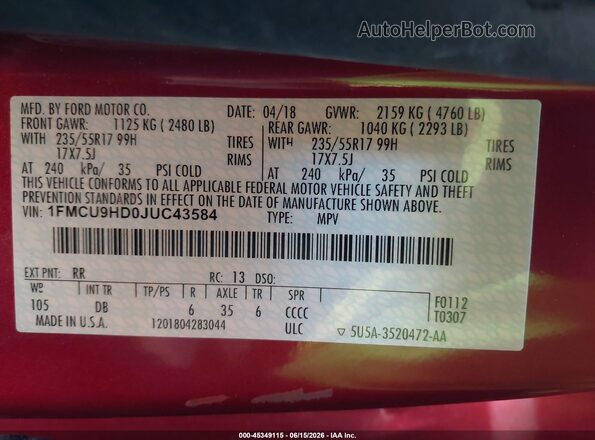 1FMCU9HD0JUC43584 2018 FORD ESCAPE Красный Вид подкапотного пространства
