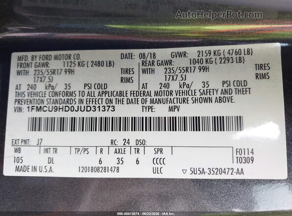 1FMCU9HD0JUD31373 2018 FORD ESCAPE Gray ძრავის განყოფილების ხედი