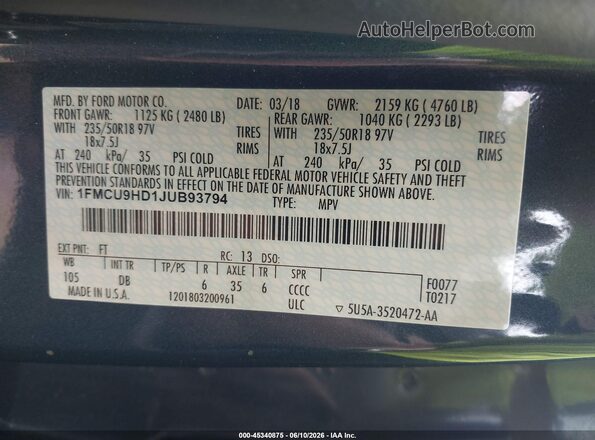 1FMCU9HD1JUB93794 2018 FORD ESCAPE Light Blue Вид подкапотного пространства