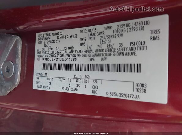 1FMCU9HD1JUD11780 2018 FORD ESCAPE Red 