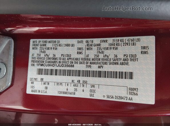 1FMCU9HD1JUD35688 2018 FORD ESCAPE Red Engine compartment view