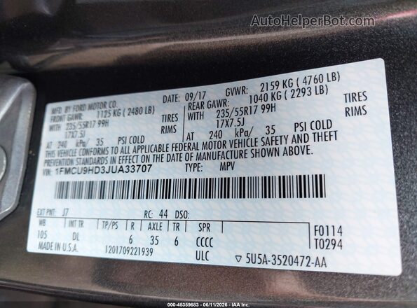 1FMCU9HD3JUA33707 2018 FORD ESCAPE Gray 