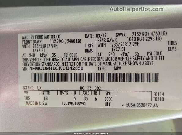 1FMCU9HD3KUB42850 2019 FORD ESCAPE Silver Вид підкапотного простору