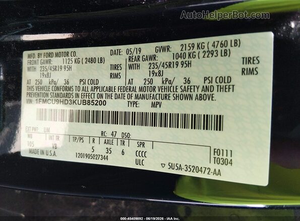 1FMCU9HD3KUB85200 2019 FORD ESCAPE Black Вид підкапотного простору