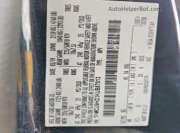 1FMCU9HD3KUB87013 2019 FORD ESCAPE Gray 