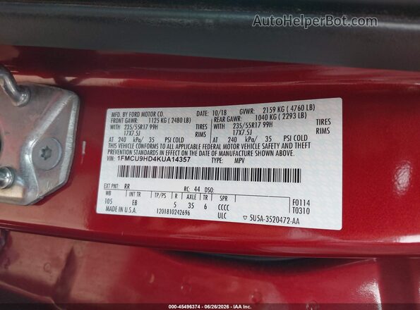 1FMCU9HD4KUA14357 2019 FORD ESCAPE Red Widok komory silnika