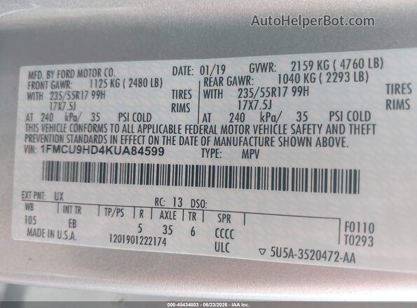 1FMCU9HD4KUA84599 2019 FORD ESCAPE Gray Widok komory silnika